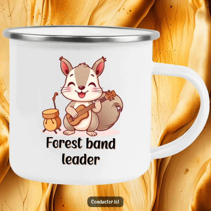 Funny camping mug with a playful squirrel leading a band of tiny instruments, bringing musical merriment to outdoor experiences.