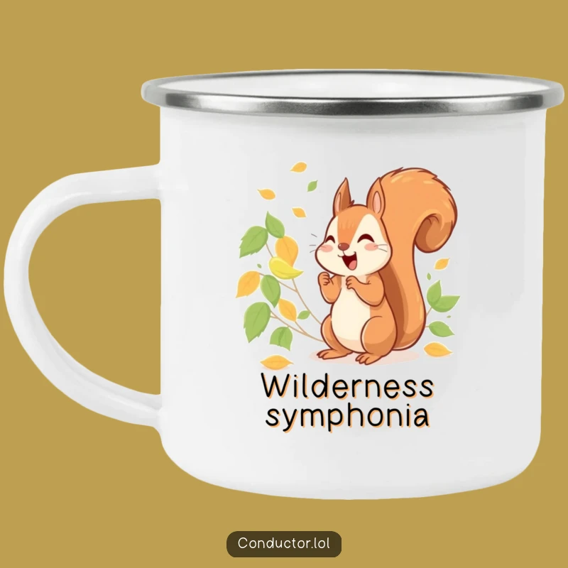 Funny Squirrel Conducting Leaves Camping Mug: Durable Nature Gear, Cheerful Gift