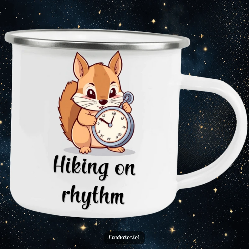 Funny Camping Mug: A determined cartoon squirrel meticulously adjusting a metronome, perfect for enjoying beverages outdoors with focus.