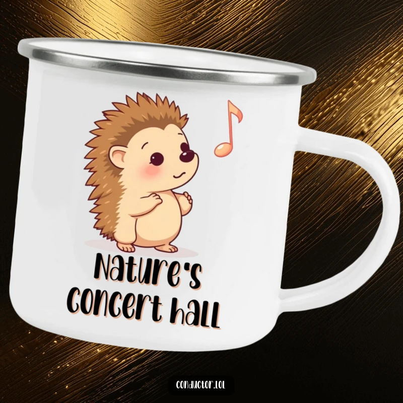 Funny Camping Mug: A curious hedgehog intently listening to a prominent musical cue, perfect for enjoying beverages outdoors with a smile.
