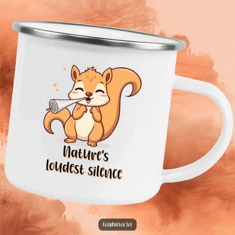Funny squirrel conductor camping mug, blowing an invisible whistle with a triumphant flourish, for enjoying beverages in the great outdoors with musical charm.