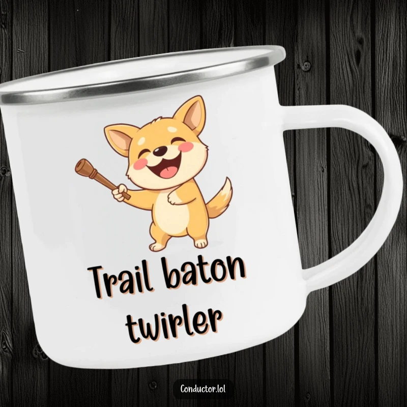 Funny dog camping mug showing a delighted dog enthusiastically swinging a baton with a big, happy grin.