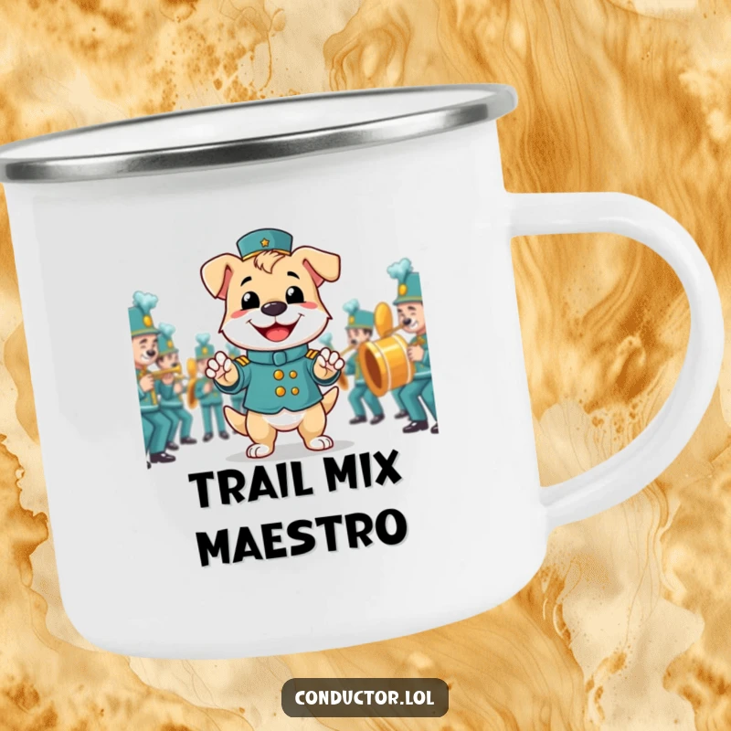 Funny camping mug with a smiling dog proudly directing a marching band, ready for outdoor music sessions.