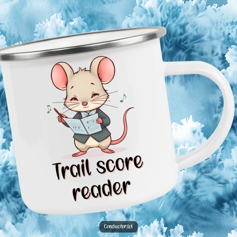 Funny camping mug with a curious mouse conductor peering at a musical score with intense concentration, ready for outdoor study.