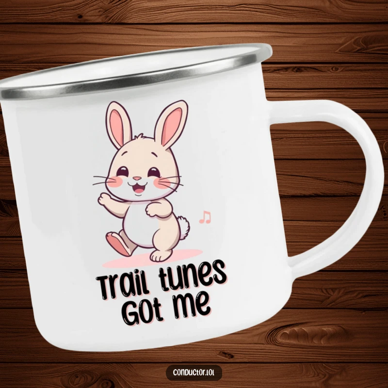 Funny camping mug with a cheerful rabbit tapping its foot, bringing a rhythmic beat to outdoor adventures and warm drinks.