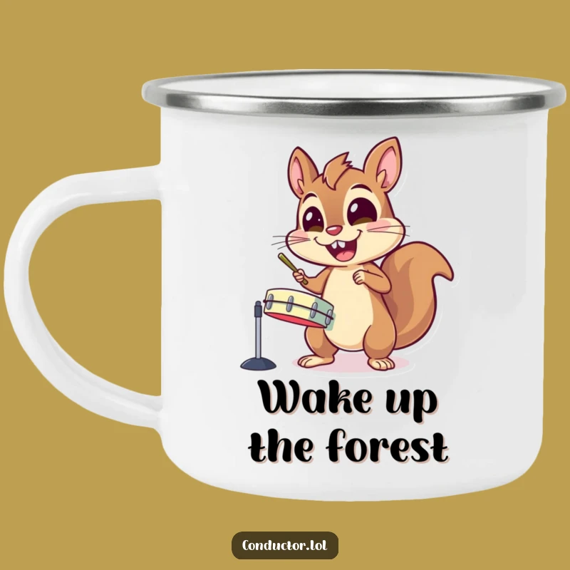 Funny Enamel Camping Mug: Energetic Squirrel Cymbals, Wild Outdoor Fun