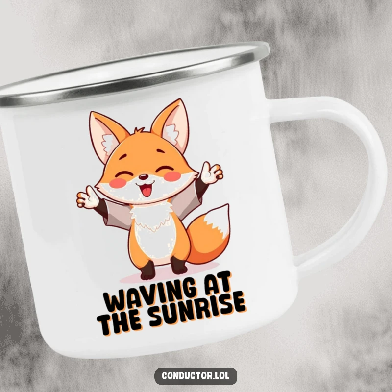 Funny camping mug featuring a happy fox enthusiastically waving its arms like a maestro, perfect for outdoor adventures.