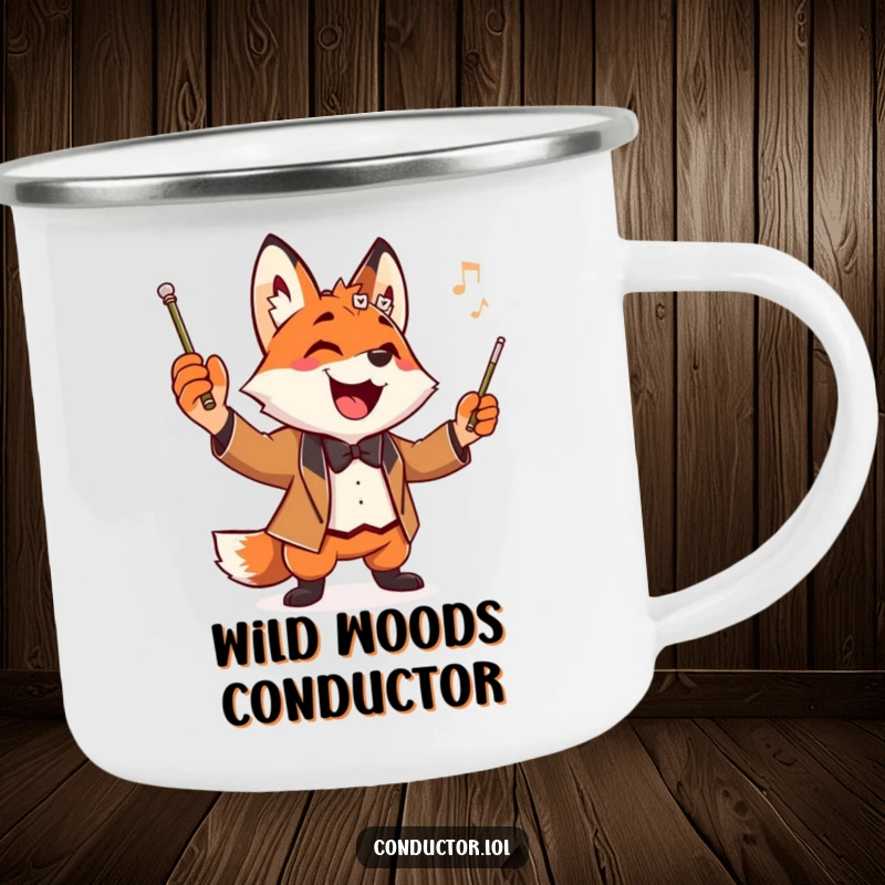 Funny Fox Conductor Camping Mug showing a playful fox maestro conducting during an outdoor adventure, perfect for enthusiasts.