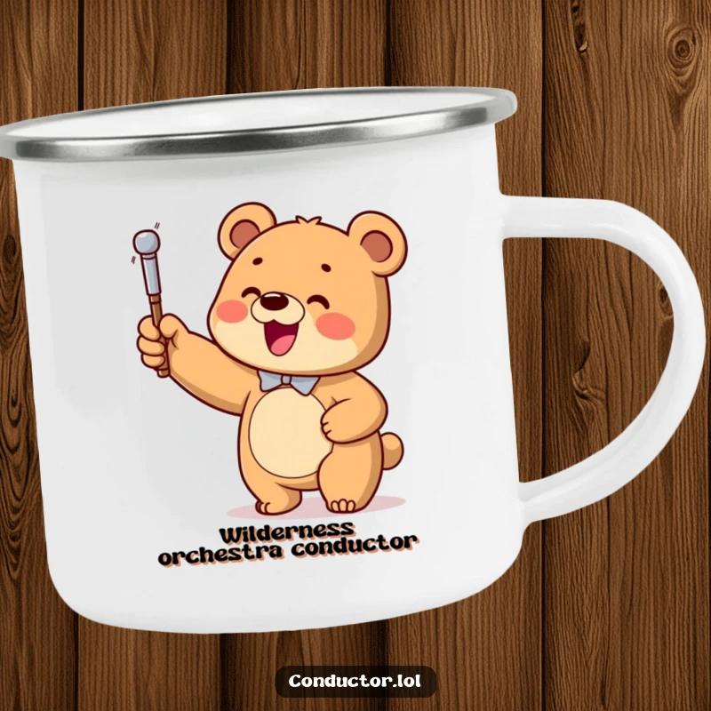 Funny Bear Conductor Camping Mug, depicting a happy bear cub conducting an imaginary orchestra in a forest setting.