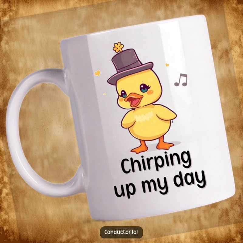 Funny Duckling Maestro Mug: a duckling in a top hat chirps out a lively rhythm, bringing cheer.