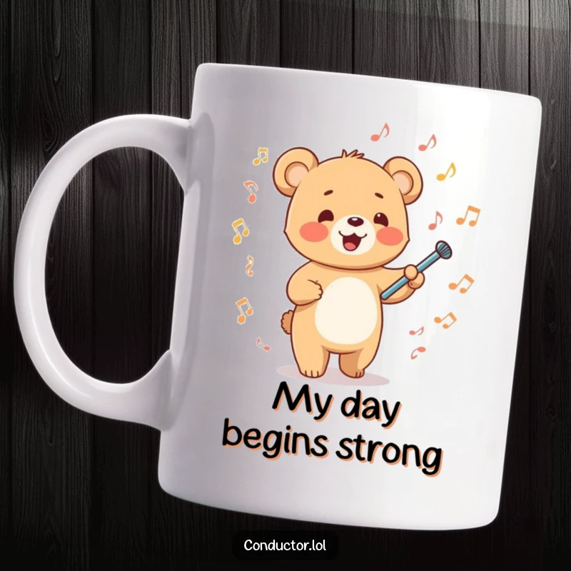 Funny happy cartoon bear cub energetically waving a tiny baton amidst musical notes on a mug, celebrating musical energy.