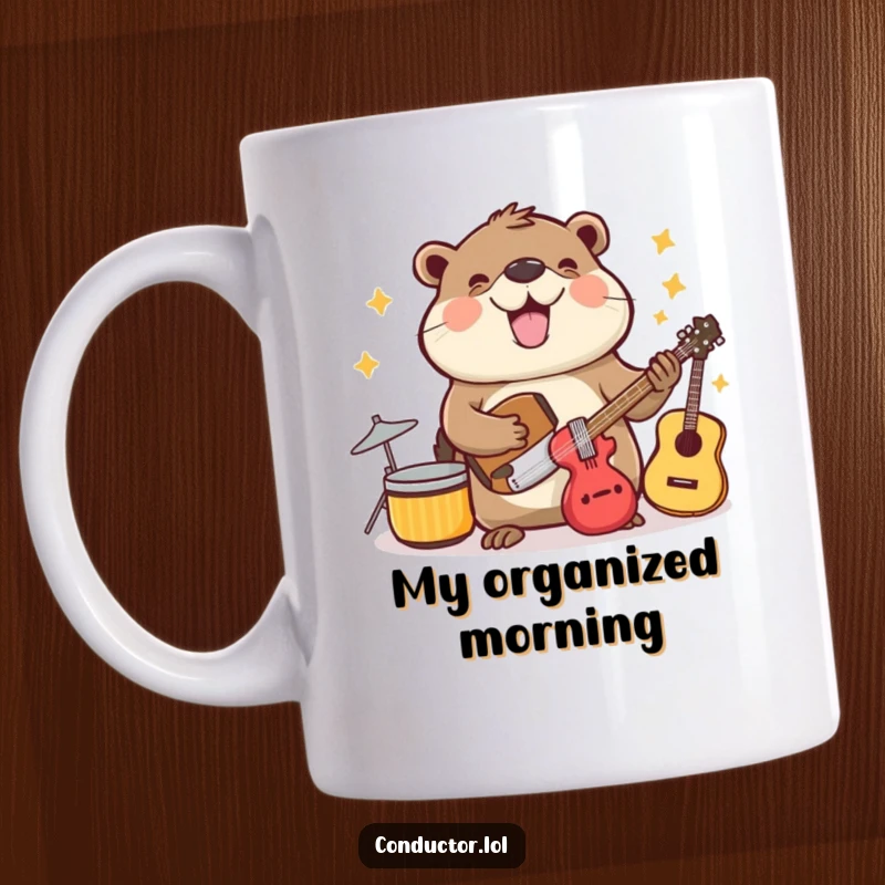 Funny beaming beaver cheerfully and organizedly arranging musical instruments, ceramic mug.