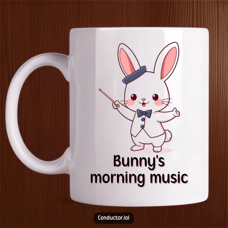 Funny cute bunny conductor wearing a small top hat, enthusiastically waving a baton on a cheerful mug.