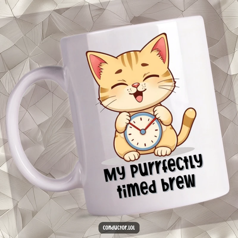 Funny mug featuring a giggling cat intently tapping a metronome with a serious, focused expression, embodying musical dedication.