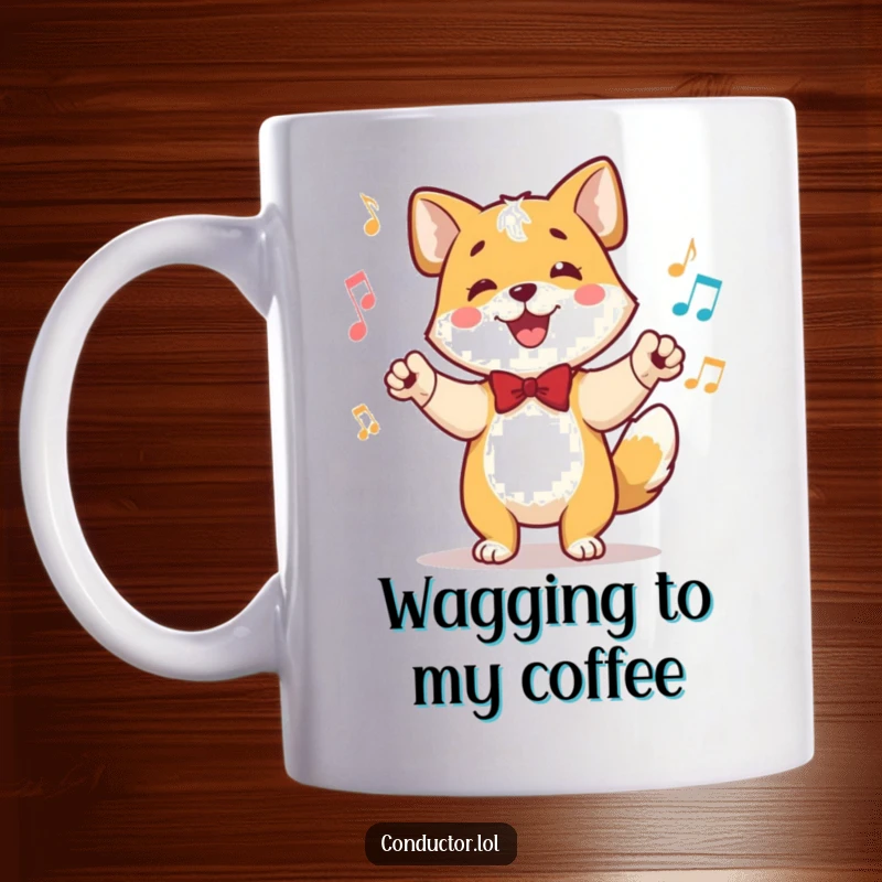 Funny mug featuring a happy dog conductor wagging its tail in time with the music, ears perked in focus and joy.