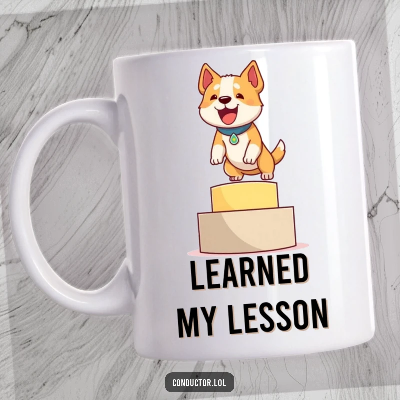 Funny mug featuring a determined dog leaping onto a podium with a proud bark, embodying achievement and joy.