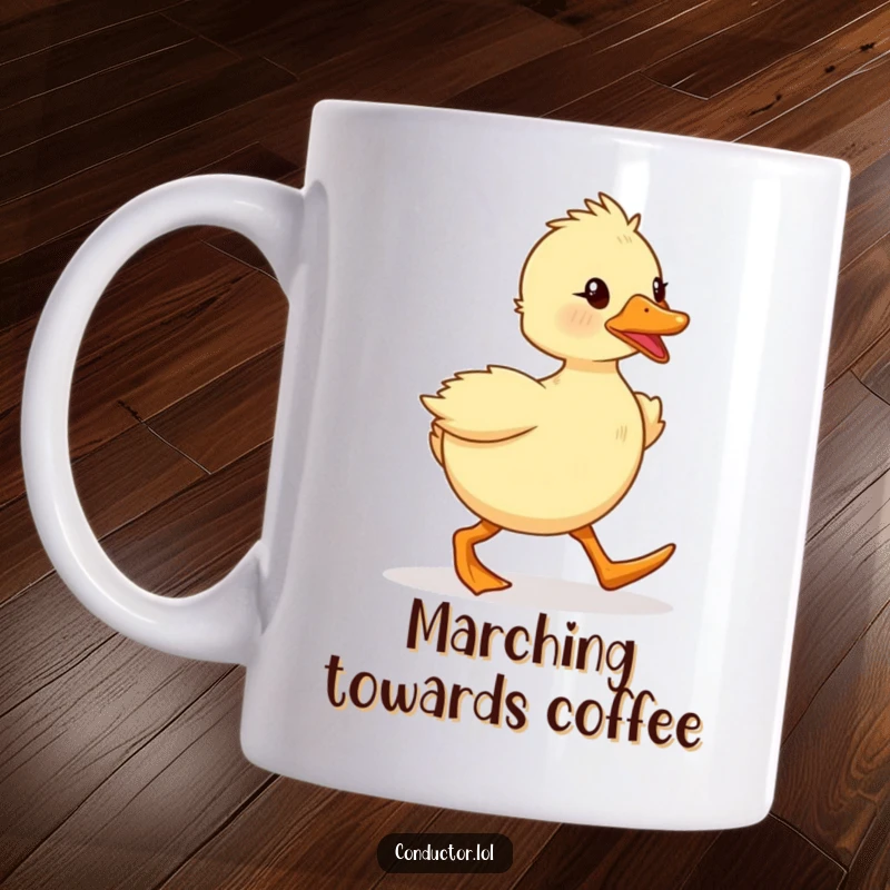 Funny, determined duckling marching with spirited enthusiasm and a proud look. Ideal gift for achievers.