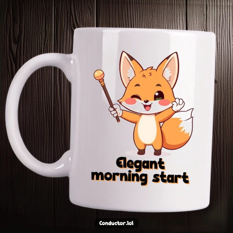 Funny mug with a happy, dapper fox wearing white gloves, dramatically waving a baton with a flourish, conducting an unseen orchestra.