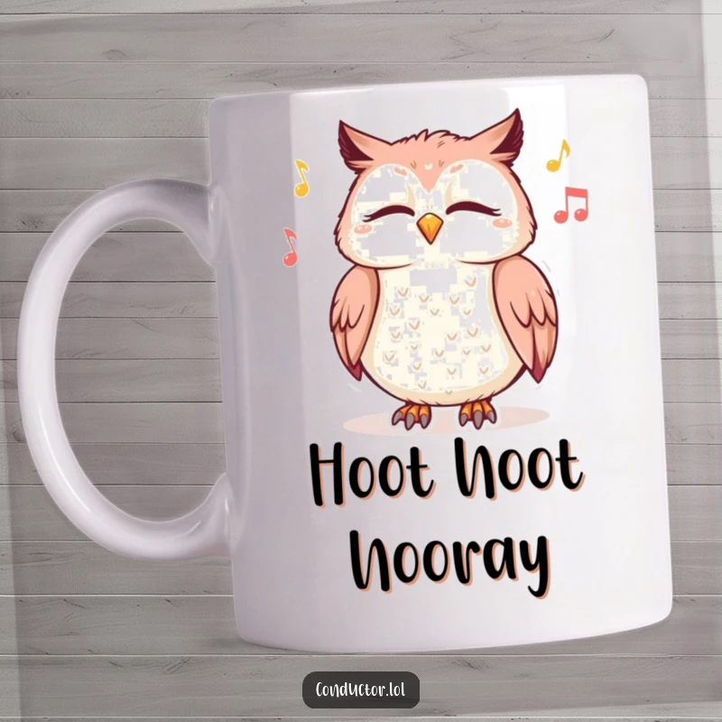 Funny mug art of a giggling owl with closed eyes, swaying blissfully to imaginary music, embodying pure relaxation and joy.