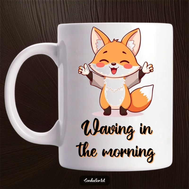Funny mug showing a happy fox enthusiastically waving its arms like a maestro, conveying pure joy and excitement.