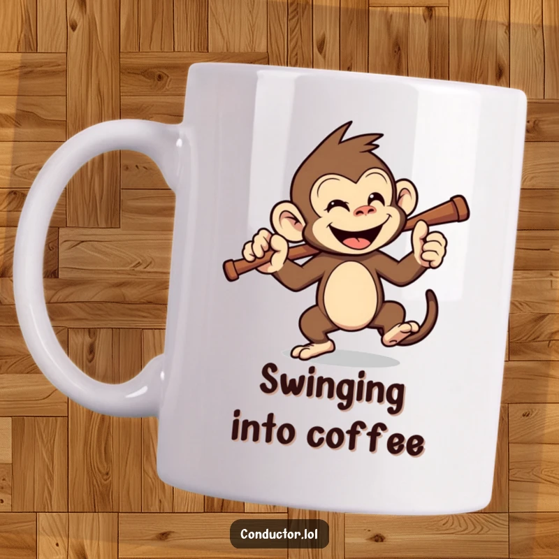 Funny mischievous monkey mug swinging a baton with a wide grin, ready to lead. A humorous conductor gift.