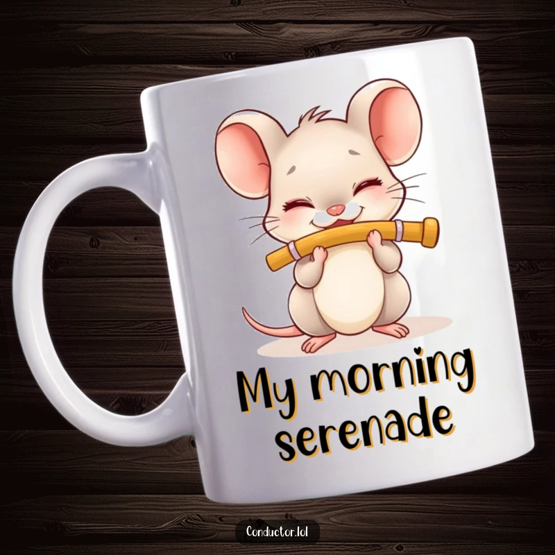 Funny Musician Mouse Mug: Tiny character with closed eyes smiles while playing a flute, a whimsical gift.