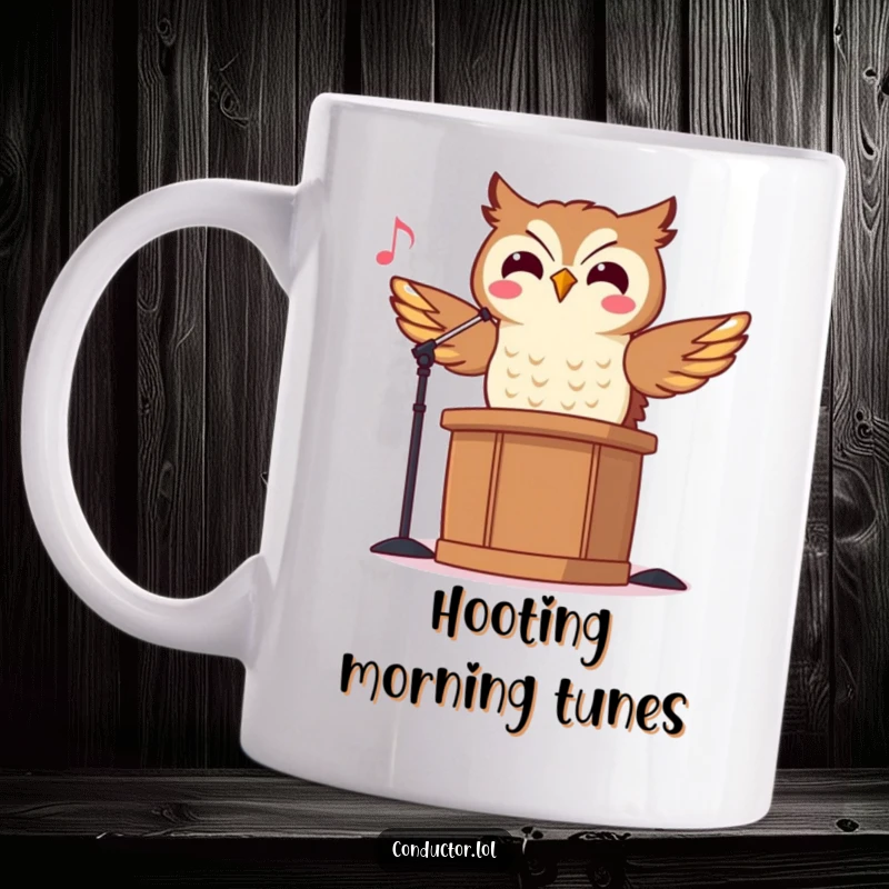 Funny Owl Conductor Mug perched on a podium, bobbing its head rhythmically with a cheerful expression, conducting music.
