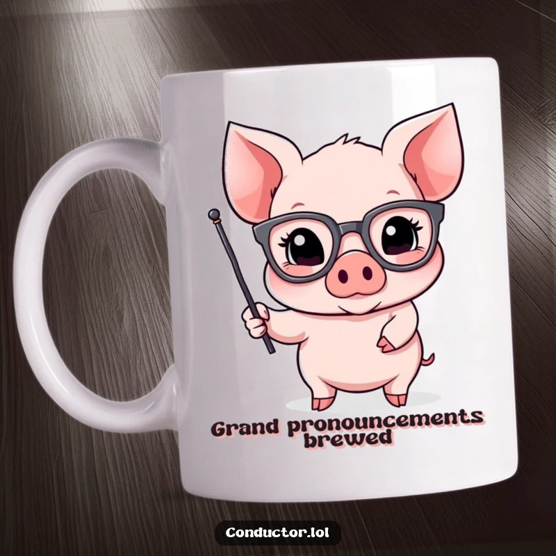 Funny Piglet Orator Mug: a piglet in oversized spectacles gestures dramatically with a small flag, giving a speech.