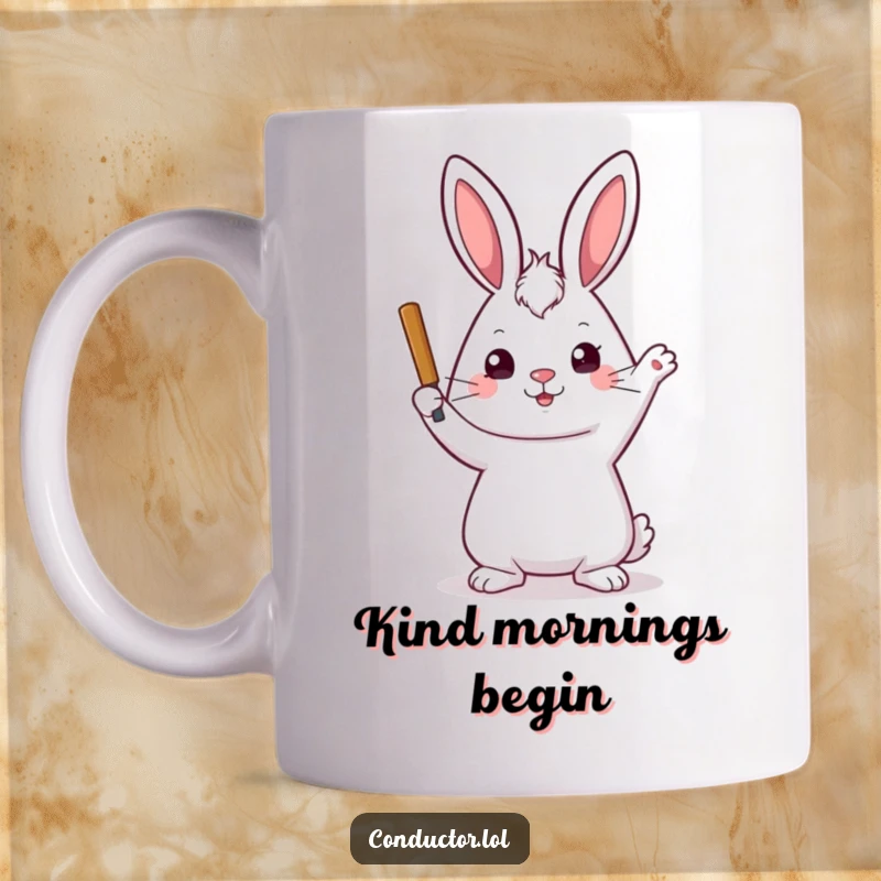 Funny mug showing a playful rabbit with a stern but kind expression, raising its baton with focused intent.