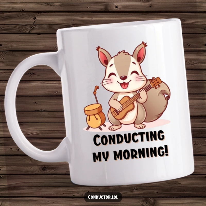 Funny mug with a playful squirrel conducting a band of tiny instruments, full of energy and whimsical musical fun.