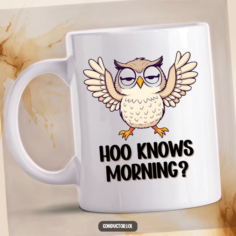 Funny owl mug featuring a curious owl dramatically throwing its arms wide open in a grand gesture, perfect for gift giving.