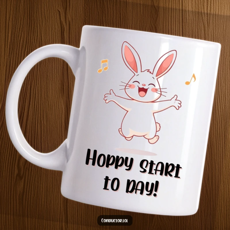 Funny Rabbit Conductor Mug: A giggling rabbit leads an imaginary orchestra with joy, outstretched arms, and a playful leap.