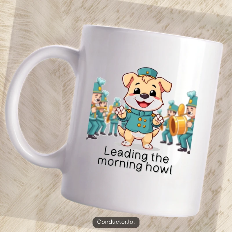 Funny mug featuring a smiling dog proudly directing a marching band with a confident and happy grin.