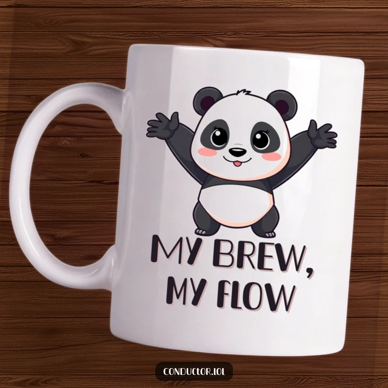 Funny Panda Performer Mug: A focused cartoon panda in a dramatic, wide arm sweep, ready for an encore.
