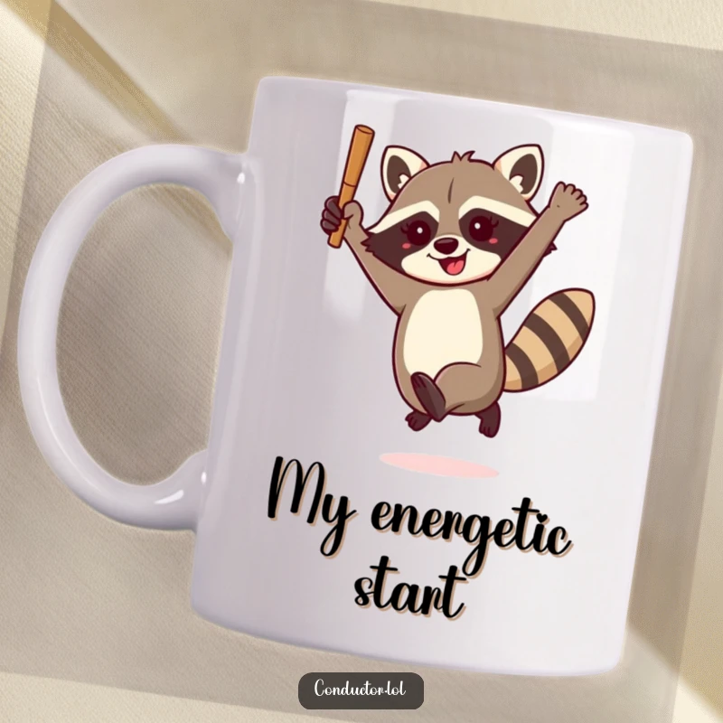 Funny raccoon conductor mug, enthusiastically leaping into the air with a baton held high, showcasing playful energy and musical passion.