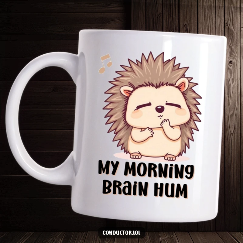 Funny hedgehog mug with closed eyes, intently listening to music and humming thoughtfully, a perfect gift for music lovers.