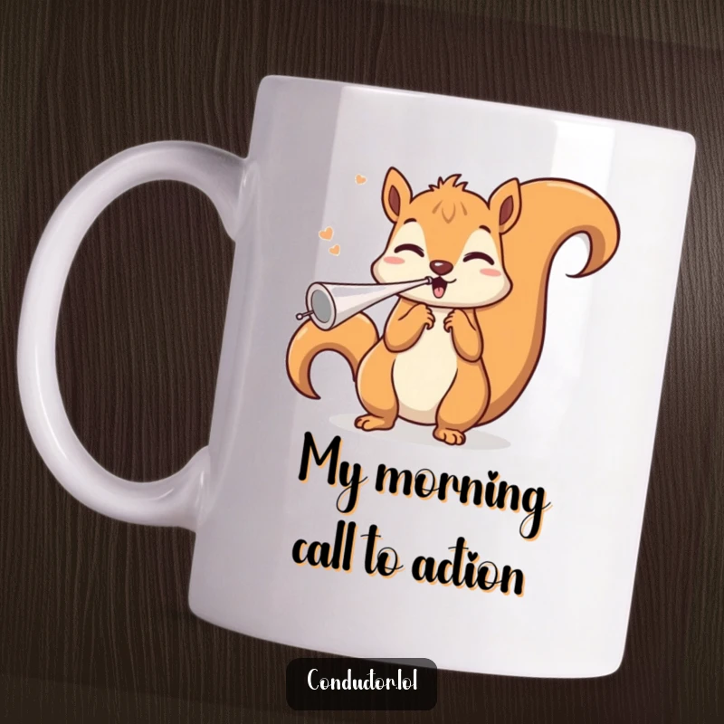 Funny squirrel conductor mug, blowing an invisible whistle with triumphant flourish, celebrating musical passion with a quirky, humorous expression.