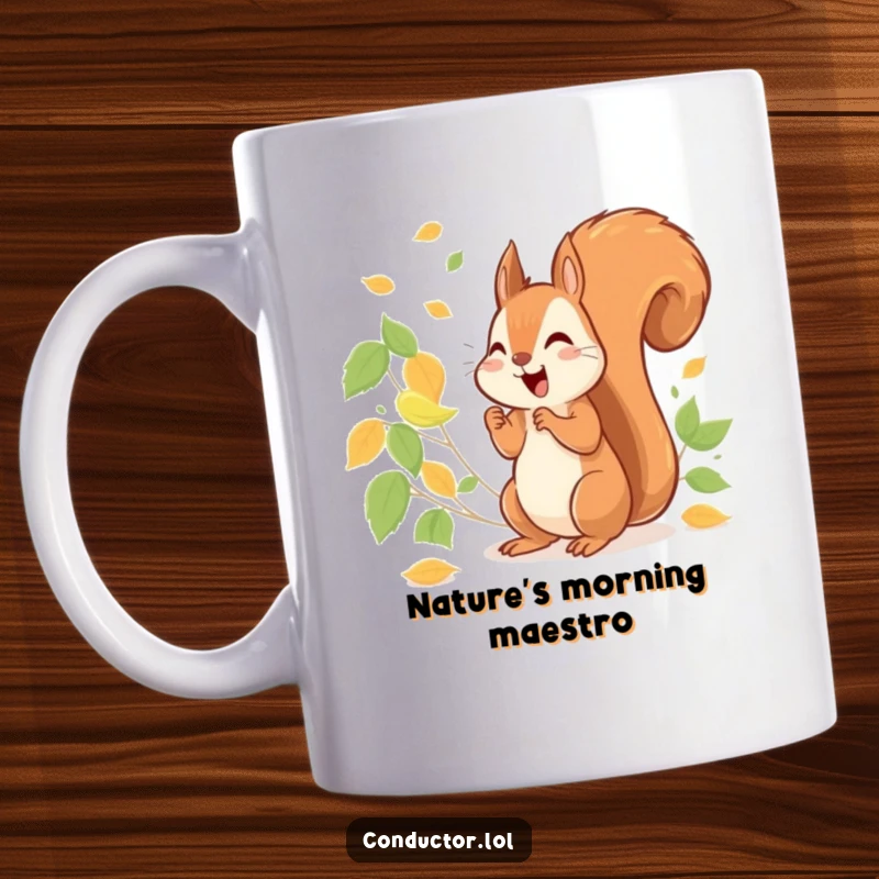 Funny cheerful squirrel energetically conducting a symphony of rustling leaves, full of woodland charm.