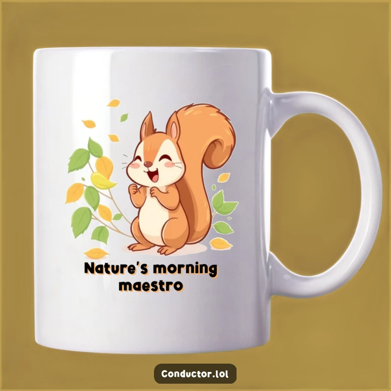 Funny Squirrel Conducting Leaves Mug: Nature Lover Gift, Cheerful & Energetic