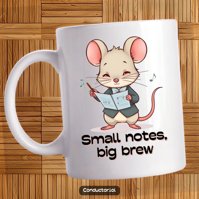 Funny mug with a curious mouse conductor peering at a musical score with intense concentration, a tiny maestro at work.