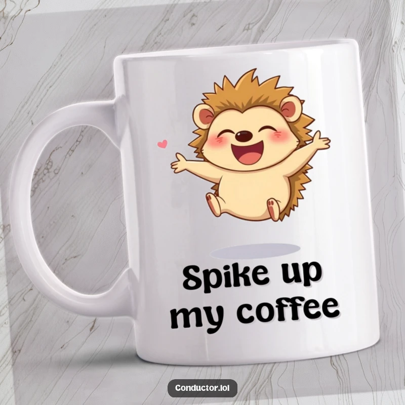 Funny hedgehog mug showing a giggling hedgehog leaping with joy while directing, radiating happiness and humor.