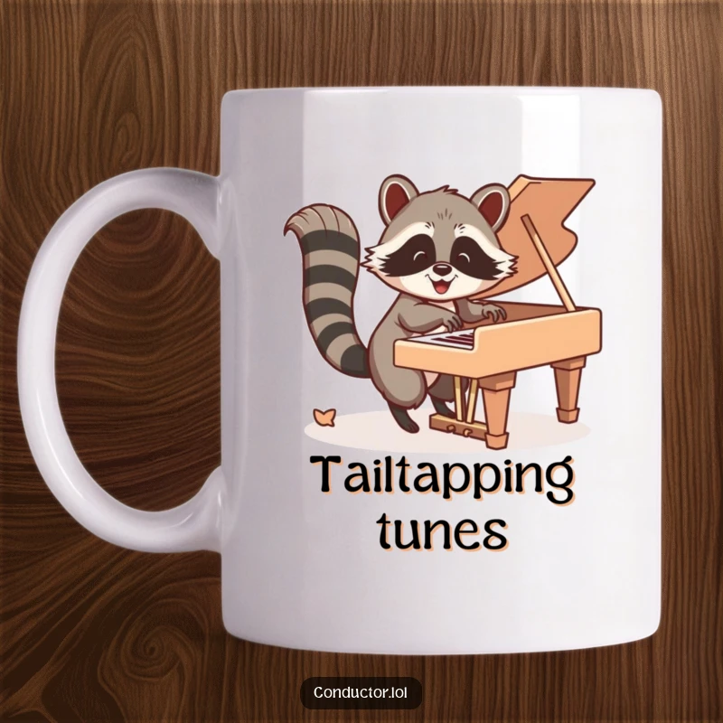 Funny Mug: Happy raccoon energetically tapping piano keys with its tail, creating a lively musical performance.