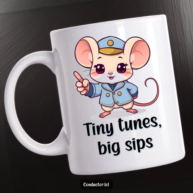 Funny mouse mug showing a determined mouse in a tiny uniform pointing with excitement to a musical crescendo.