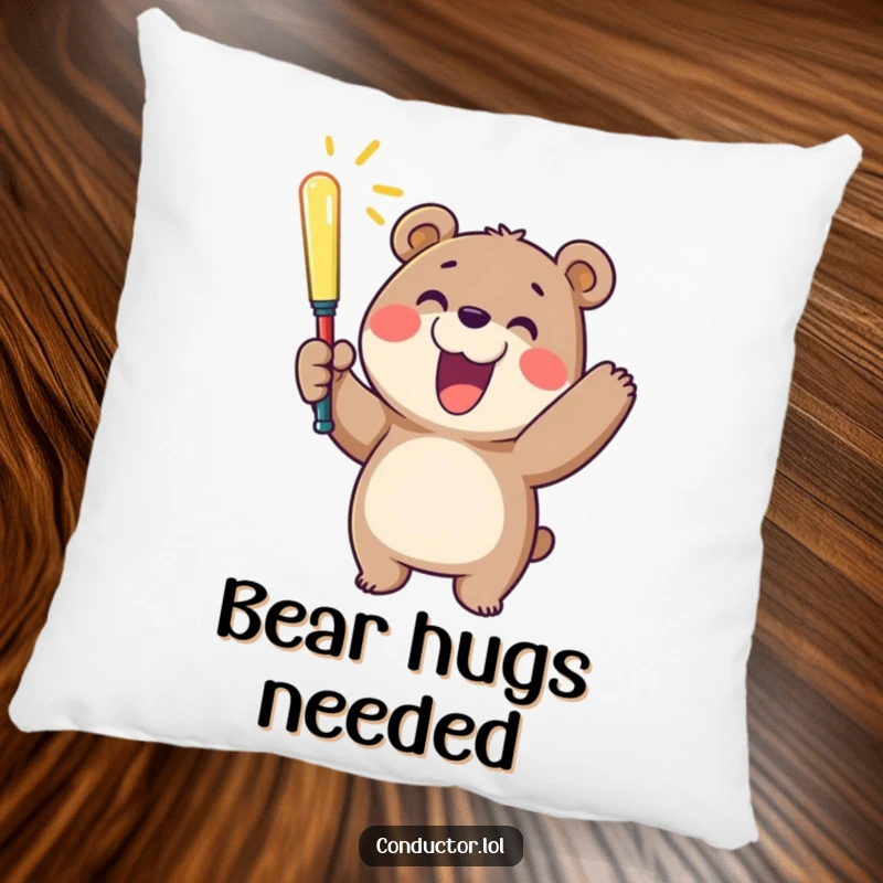 Funny pillow design with a cheerful bear waving a glowing baton and smiling, bringing comfort and happy vibes.