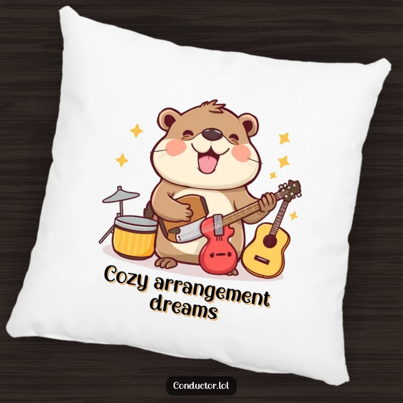 Funny beaming beaver cheerfully organizing musical instruments, soft and cozy pillow.