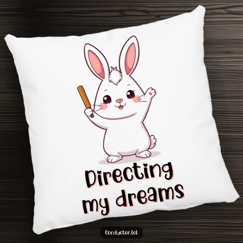 Funny pillow designed with a playful rabbit holding a baton, stern yet kind face, symbolizing focused leadership.