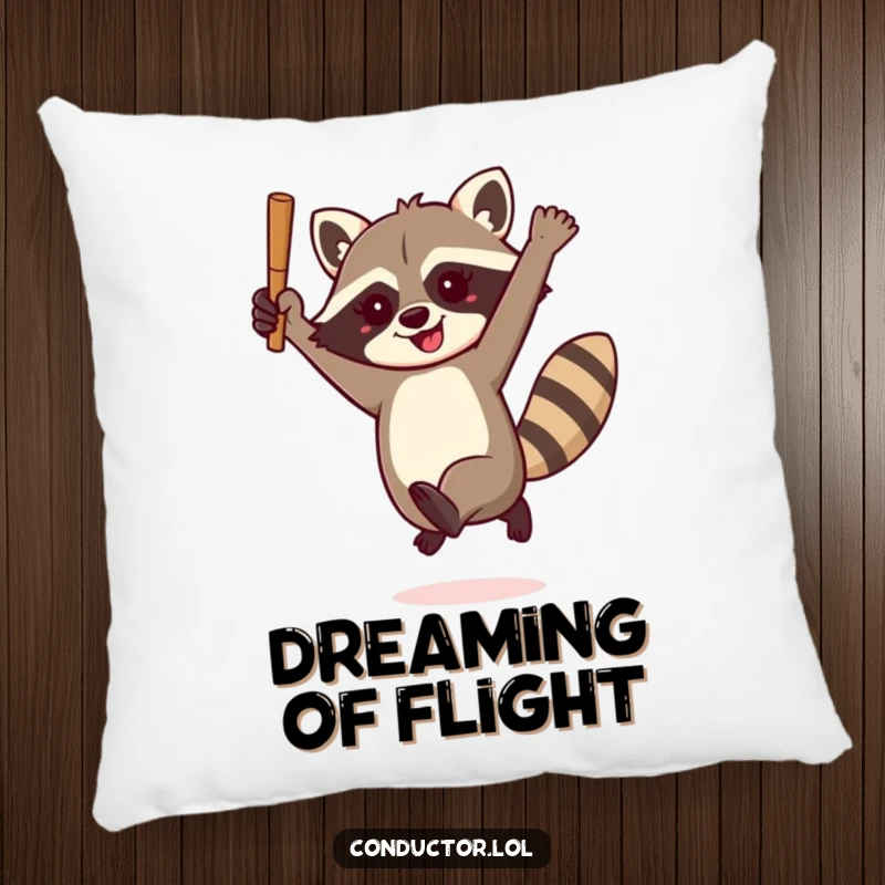 Funny raccoon conductor pillow, enthusiastically leaping with a baton, offering plush comfort and a dose of energetic, humorous musical delight.