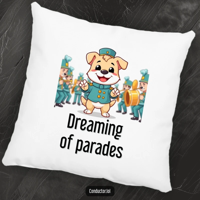 Funny pillow featuring a smiling dog as a proud band director, adding a cheerful musical touch to decor.