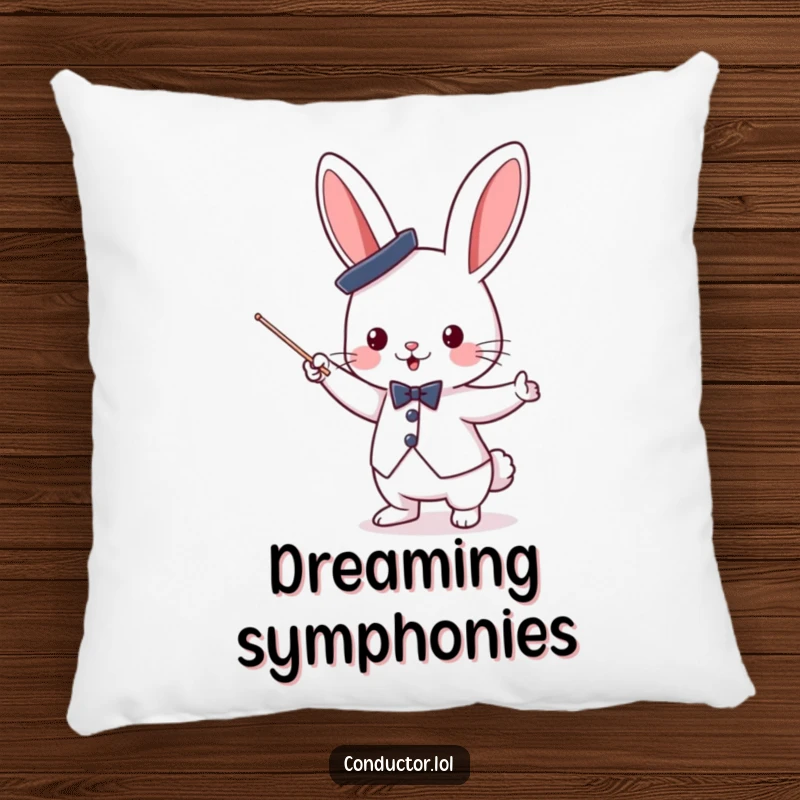 Funny cute bunny conductor wearing a small top hat, enthusiastically waving a baton on a plush decorative pillow.