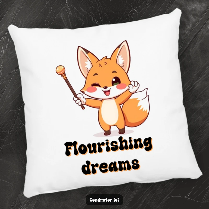 Funny, luxurious pillow featuring a happy fox in white gloves, dramatically conducting with a baton, adding refined charm.